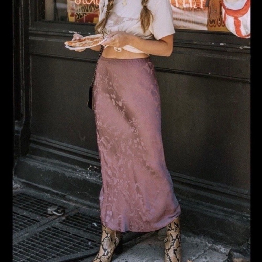 Spell Rosalie Jacquard Midi Skirt Satin Mauve Floral Pull On Boho - Medium